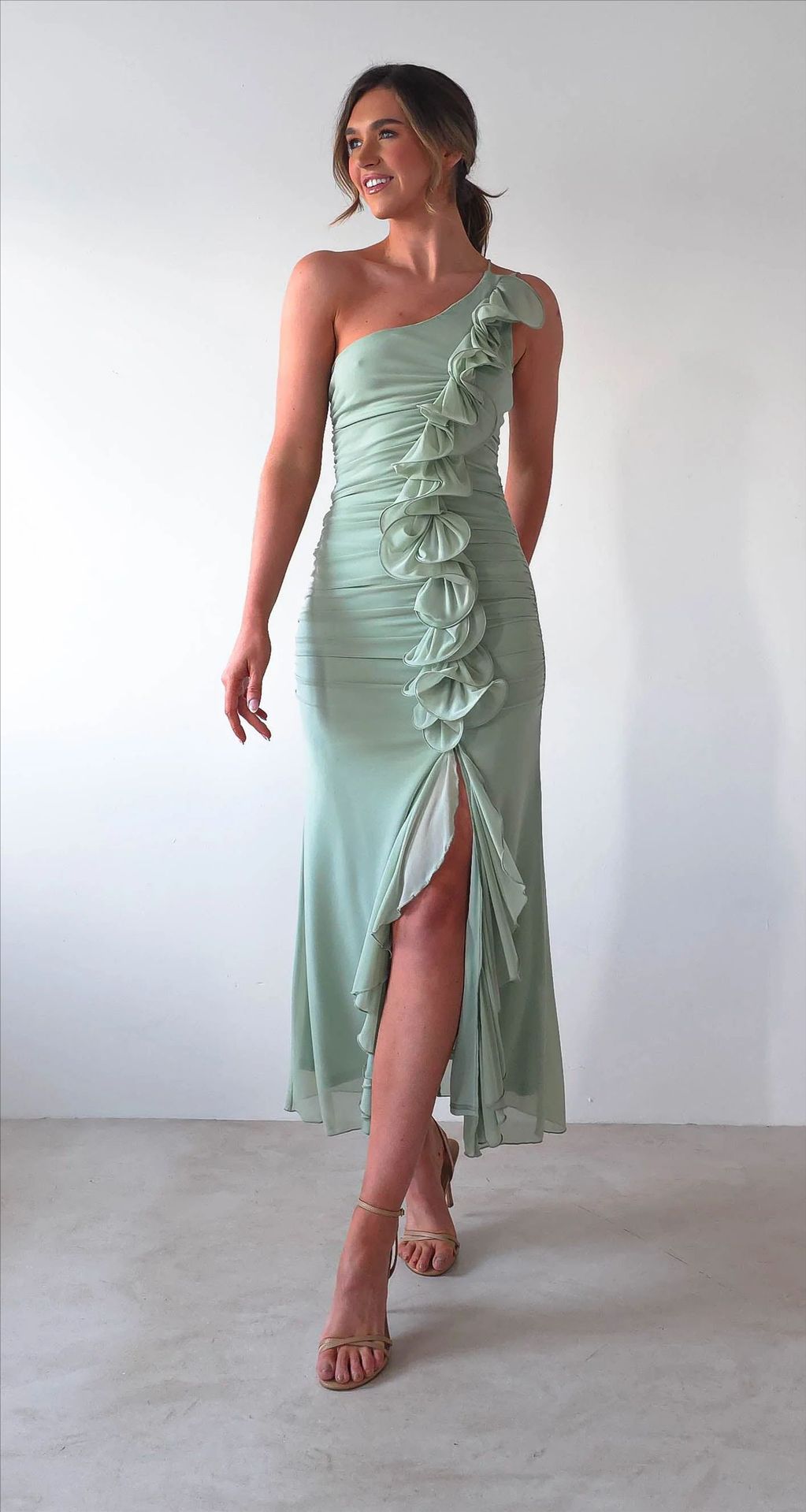 Womens One Shoulder Pleated Bodycon Dress | High Slit Ruched Midi Dress | noémi