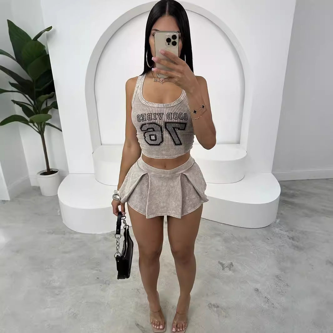 CoOrd Set | Sunken Stripe Crop Vest Top Pleated Mini Skirt | noémi