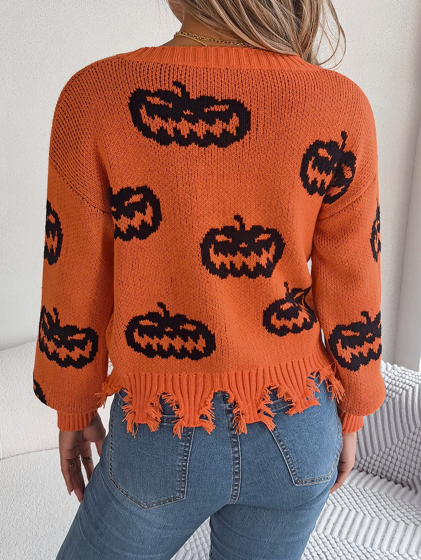 Halloween Pumpkin Sweater for Women | Cut Out Pullover with Distressed Hem | noémi