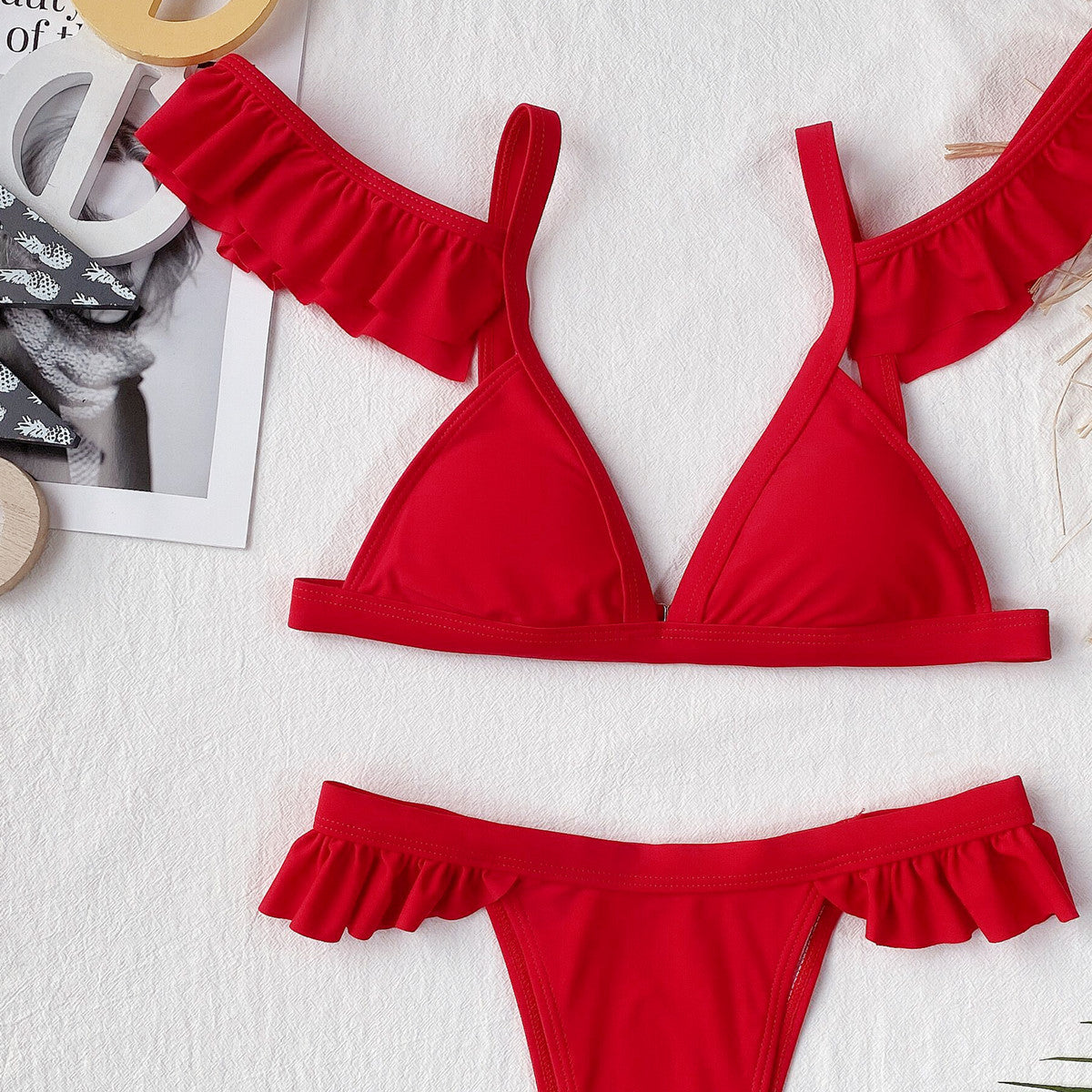 Red Ruffle Bikini Set | Off Shoulder Lotus Sleeve Swimsuit | noémi