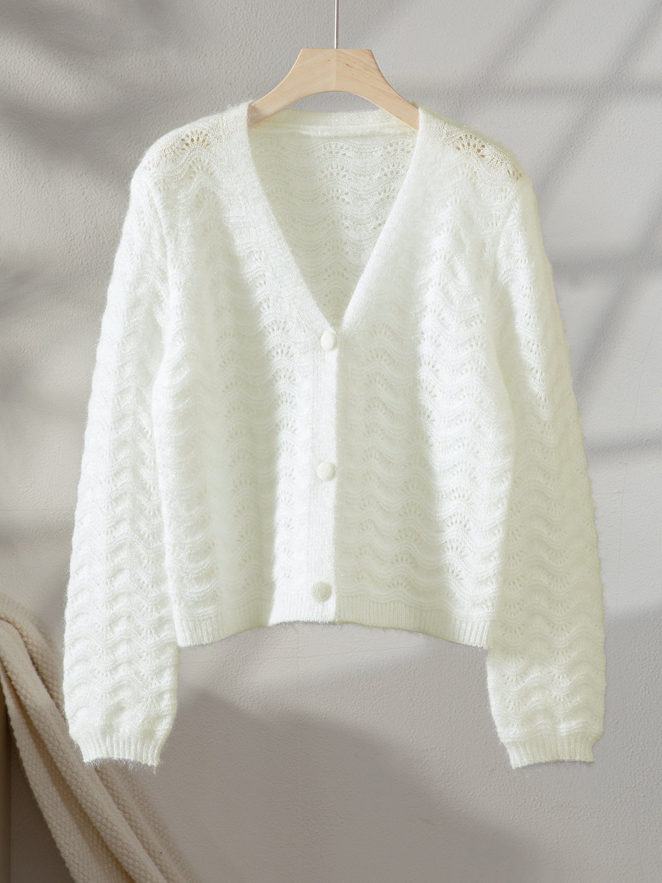 White V Neck Knit Sweater | Cropped Loose Fit | Long Sleeve Hollow Out | noémi