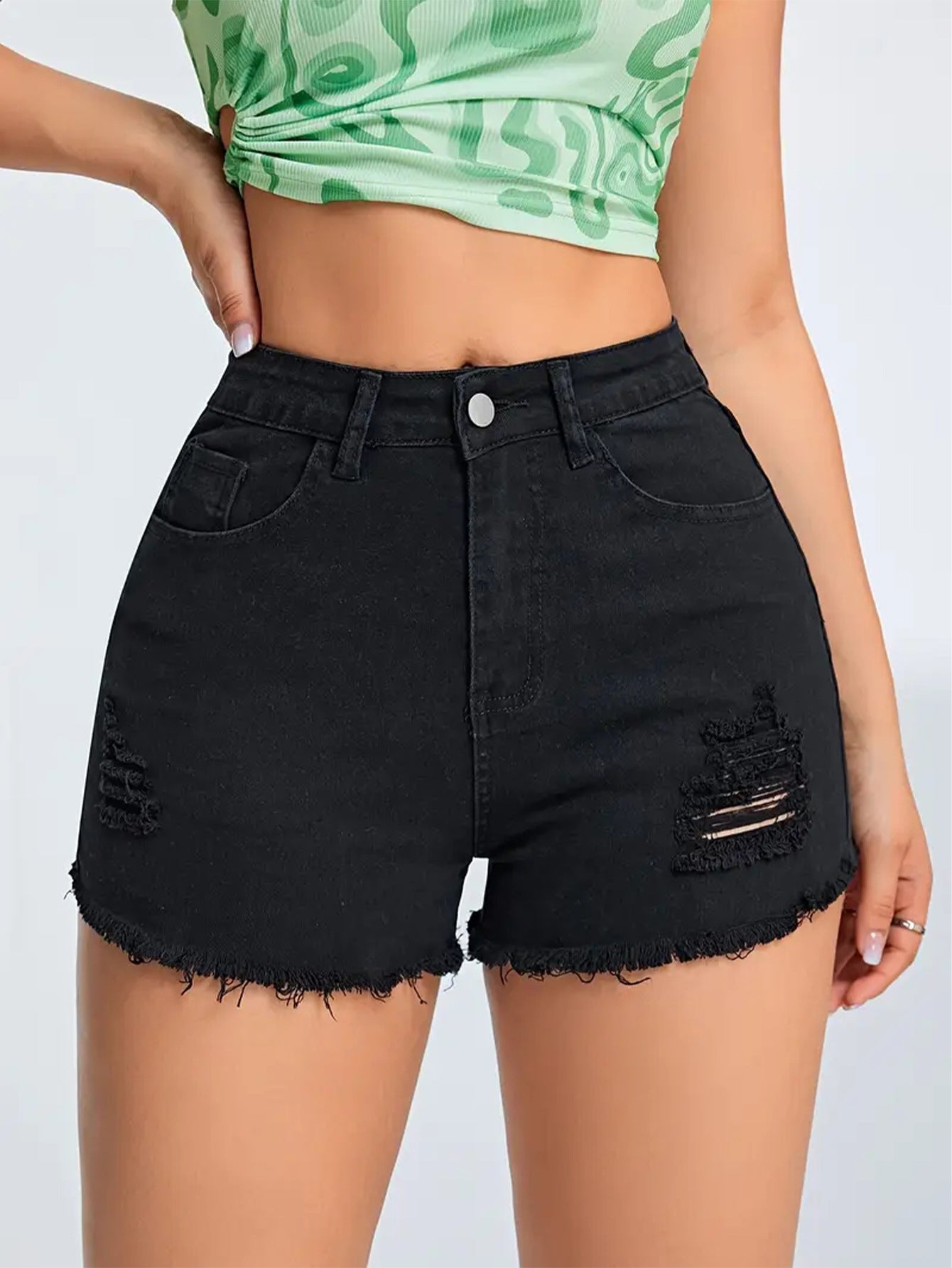 Black Ripped Denim Shorts |  Figure Flattering, Multi Craft Detail | noémi