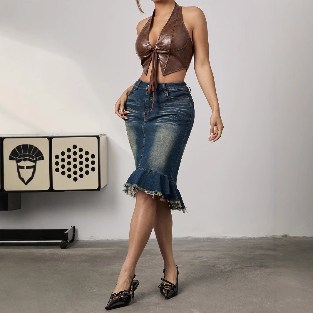 High Waist Fishtail Denim Skirt | Slimming Retro Sheath, Stretch Fit | noémi