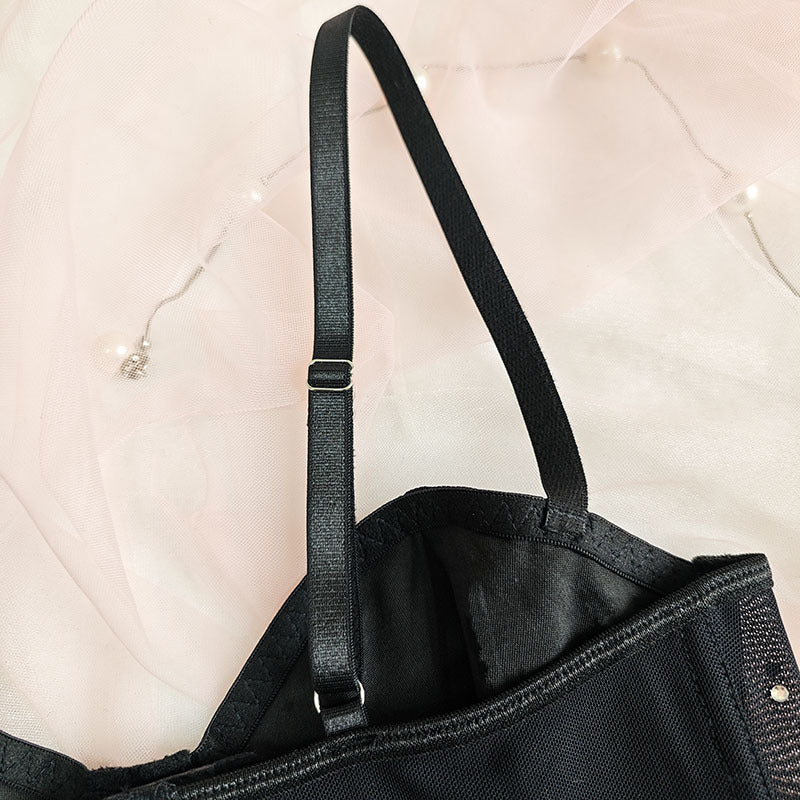 Black Studded Mesh Corset Top | Bustier Crop Top with Rhinestone Detail & Adjustable Straps | noémi