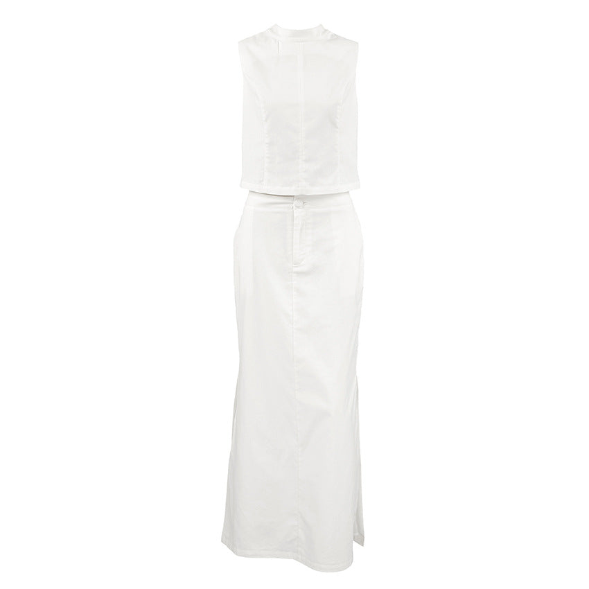 White Cotton Linen TwoPiece Set | Sleeveless Stand Collar Top & Long Slit Skirt | noémi