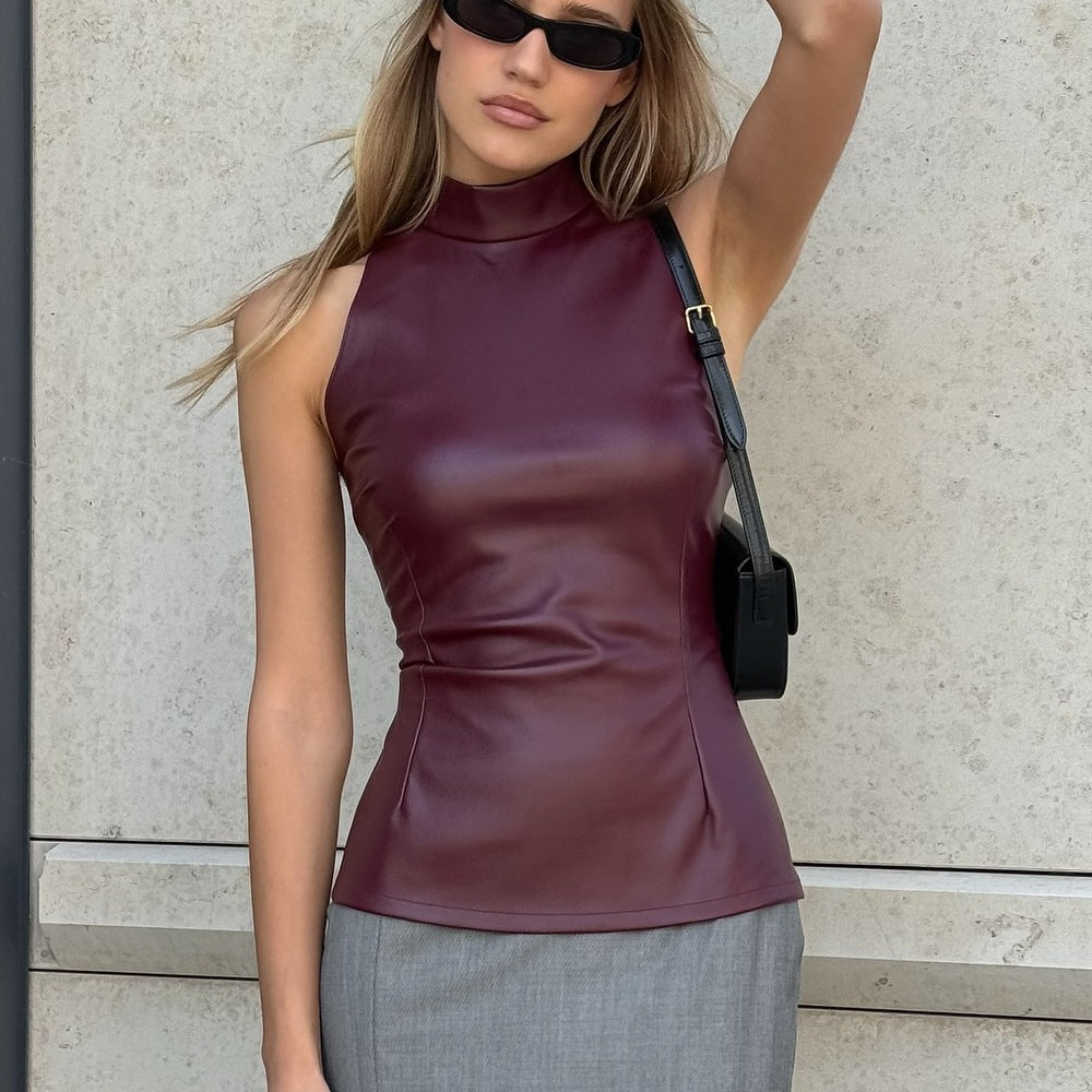 Womens Faux Leather Sleeveless Vest | Slim Fit Half Turtleneck Top | noémi