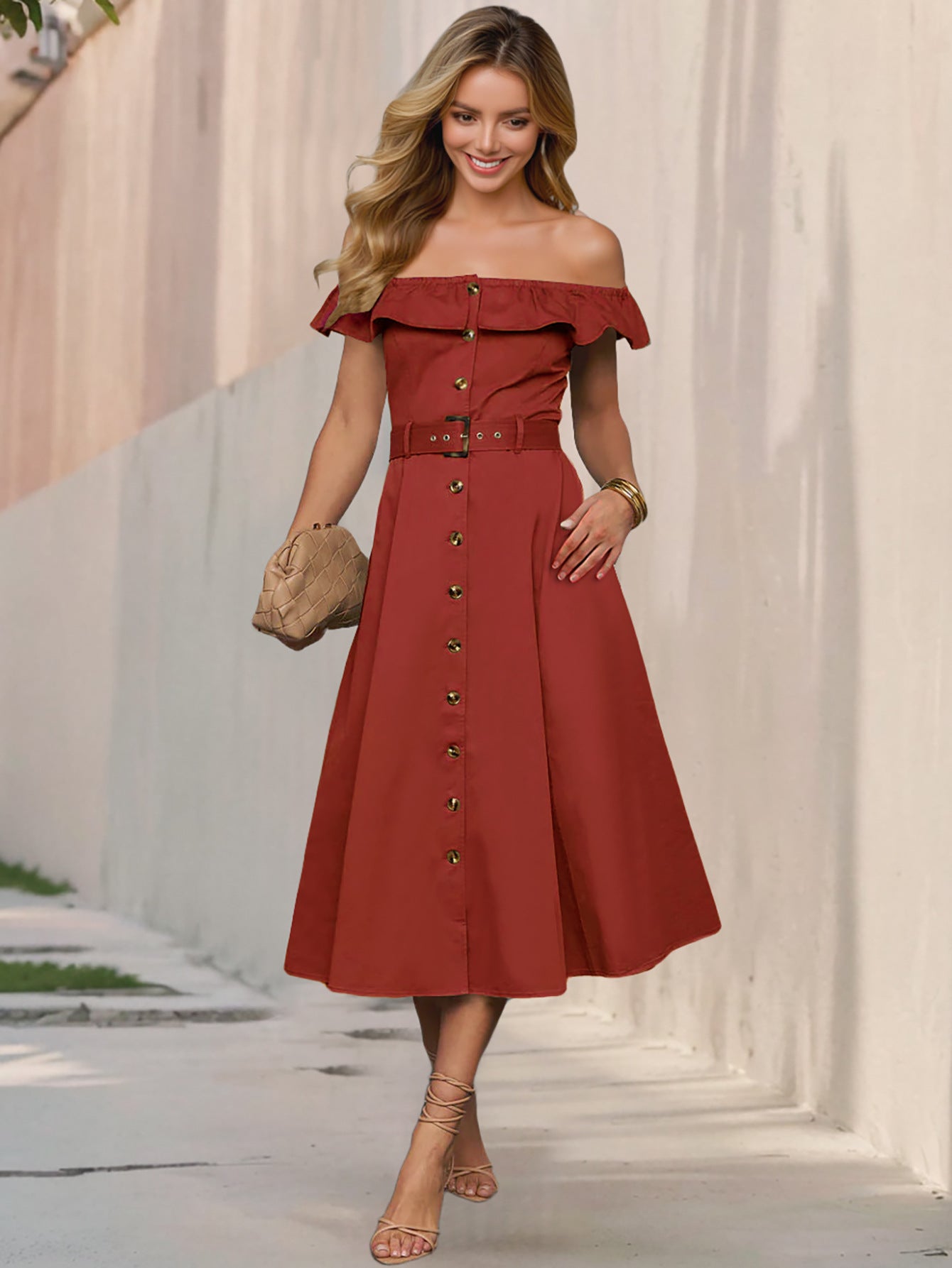 Retro Off Shoulder Ruffle Dress | Belted A Line, Button Front | noémi