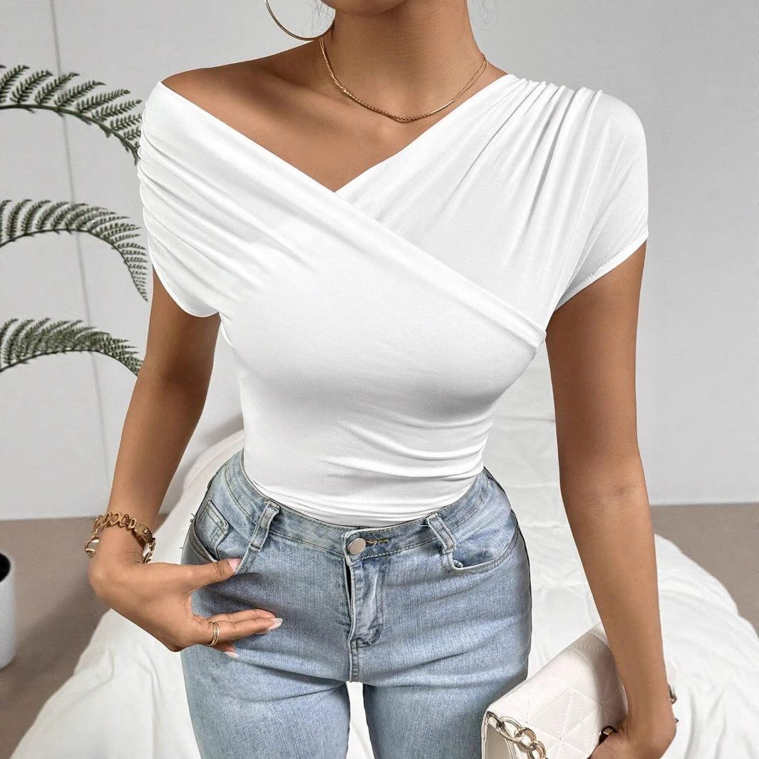 Cross Wrap Stretch Top | Off Shoulder Short Sleeve Fitted Tee | noémi