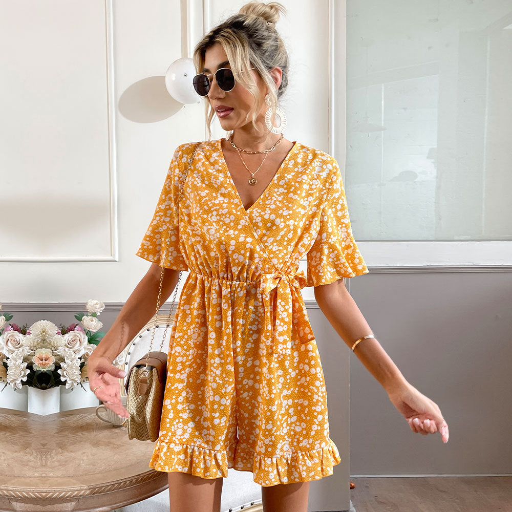 Women’s V Neck Bell Sleeve Romper | Floral LaceUp, One Piece | noémi