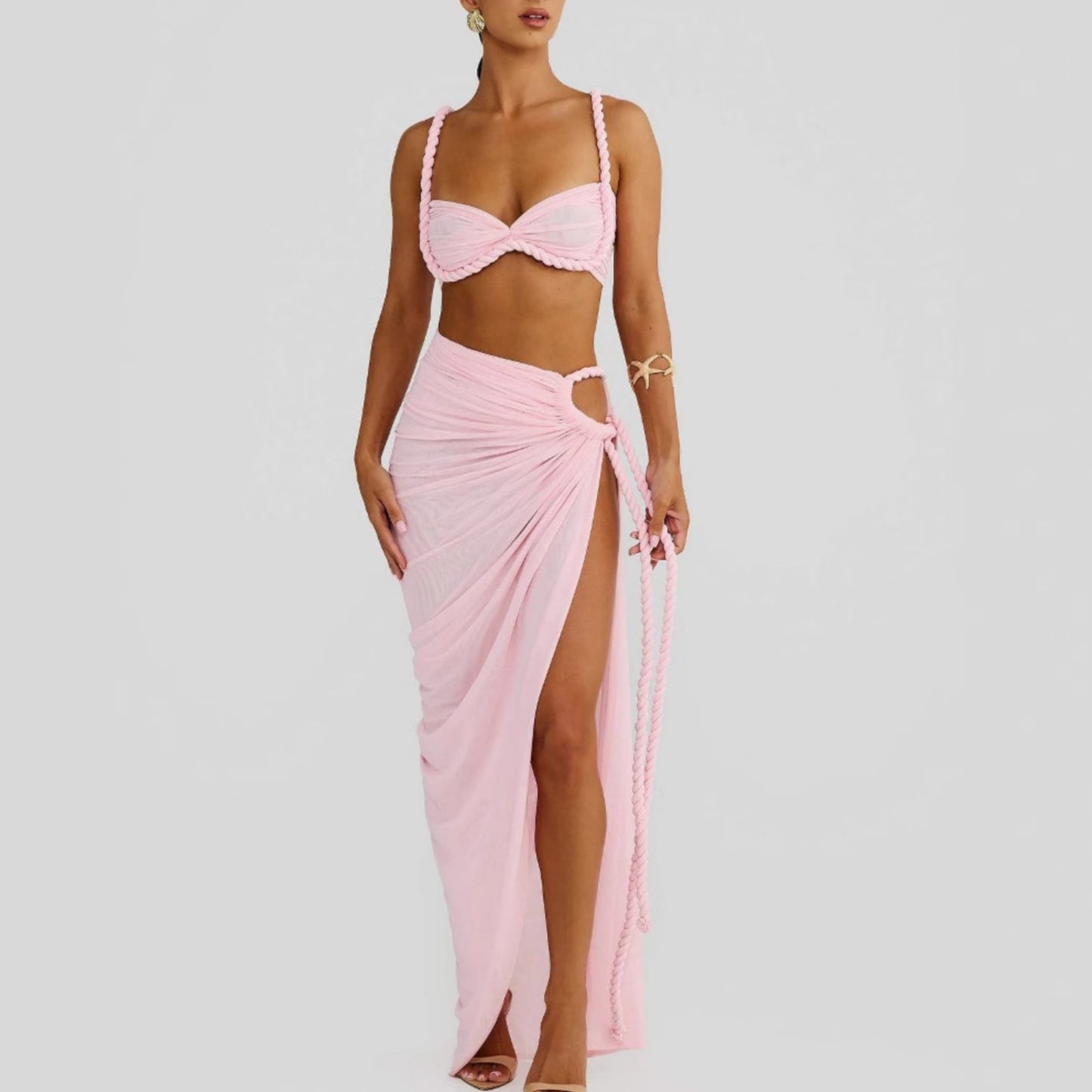 Women’s Two Piece Summer Beach Set | Woven Halter Crop Top & High Slit Skirt | noémi