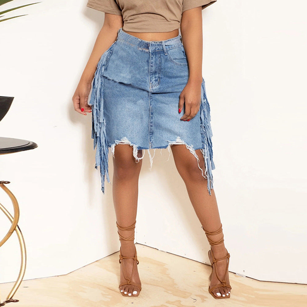 Trendy Tassel Denim Skirt for Women | Distressed Washed Look | noémi