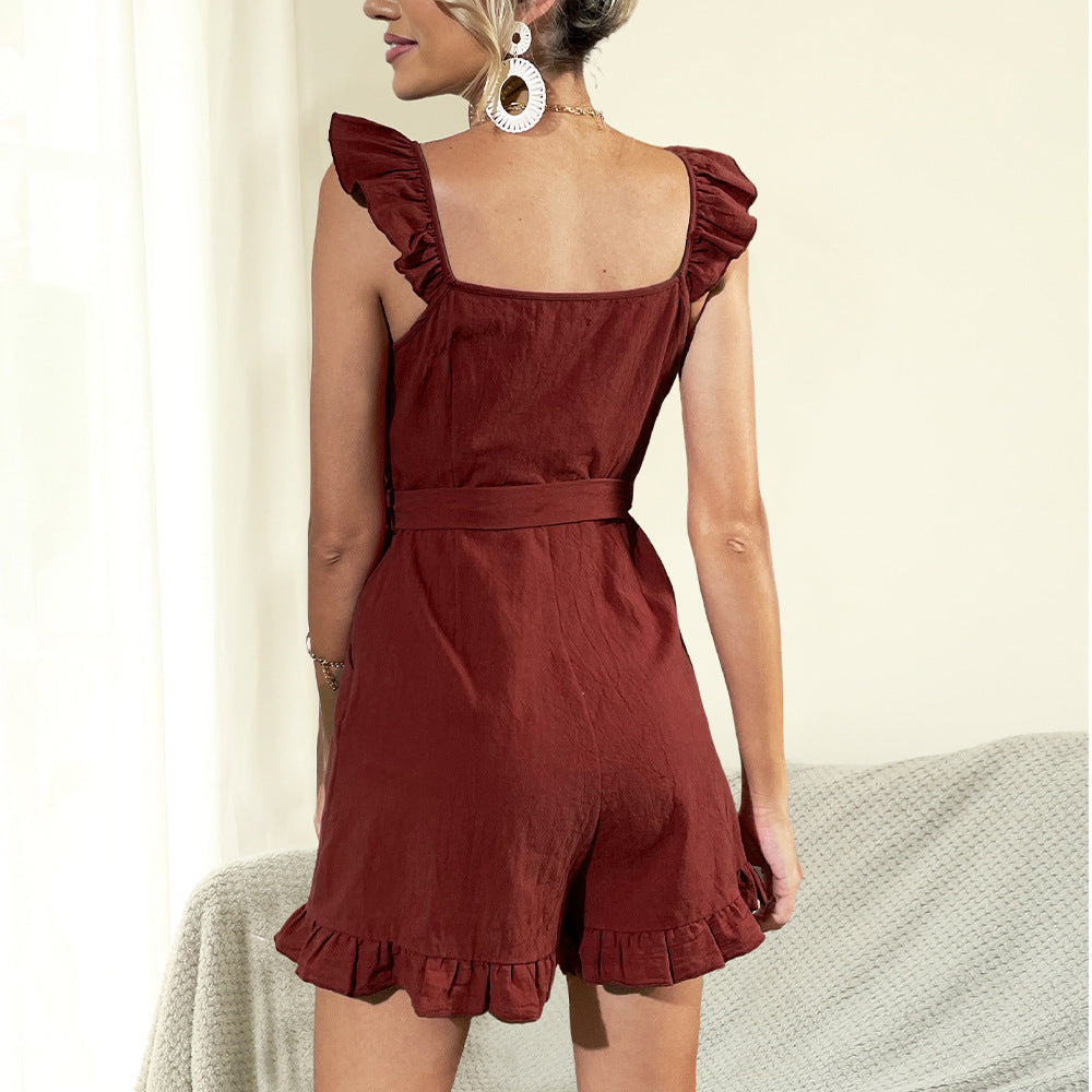 Ruffle Sleeve Summer Jumpsuit | Linen Blend, Bow Tie Waist, VNeck Romper | noémi