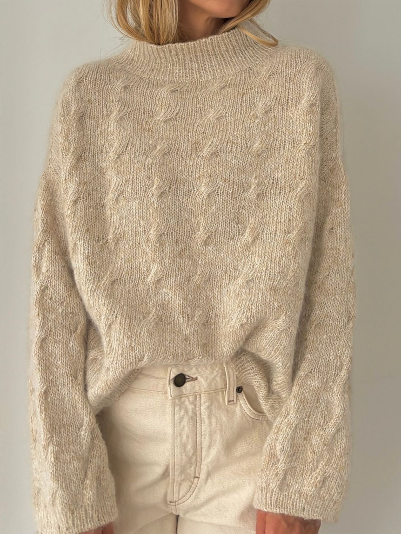 Turtleneck Sweater for Women | Casual Loose Knit Twisted Cable Long Sleeve Top | noémi