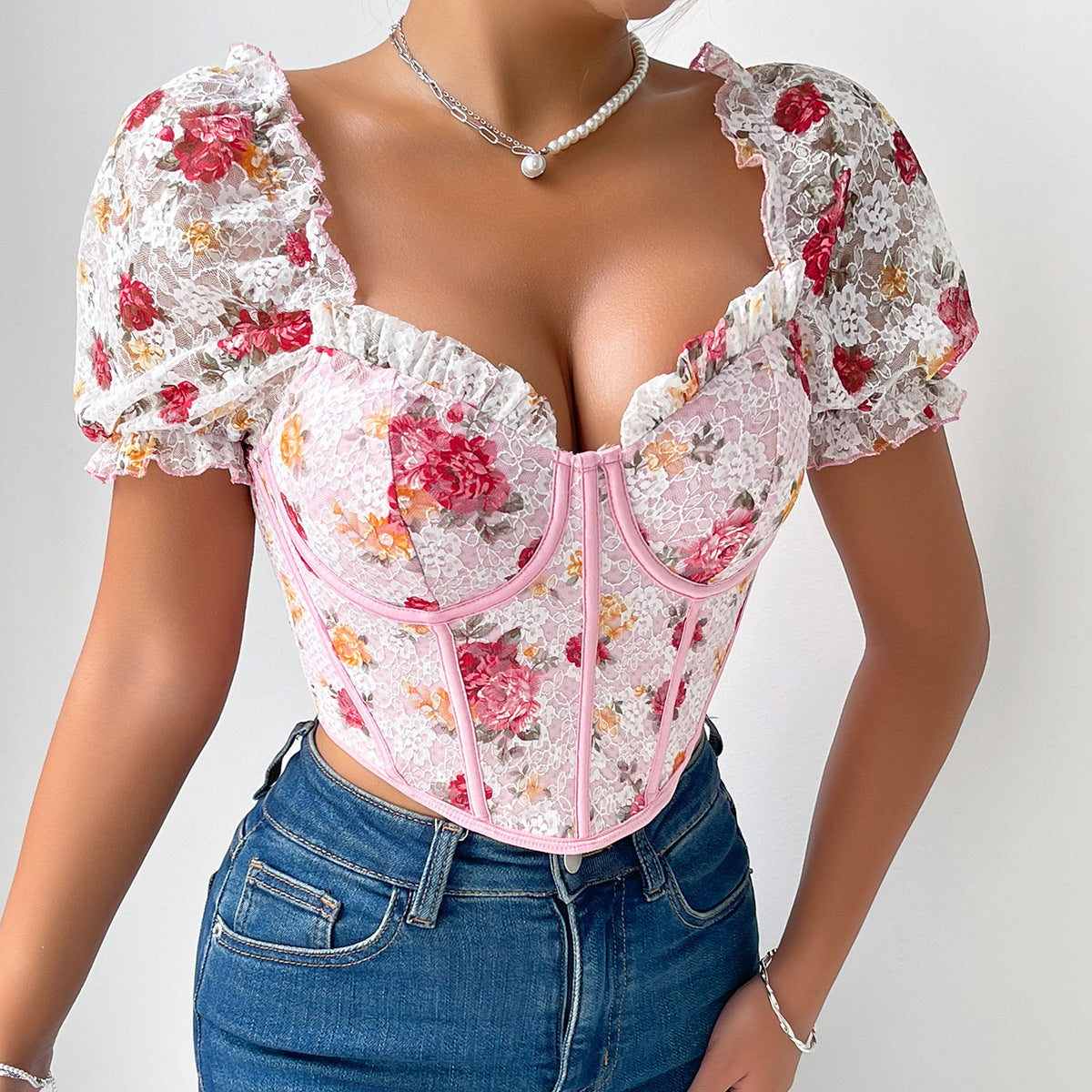 Women’s Floral Embroidered Puff Sleeve Corset Top | Lace Up Bustier Crop Blouse | noémi