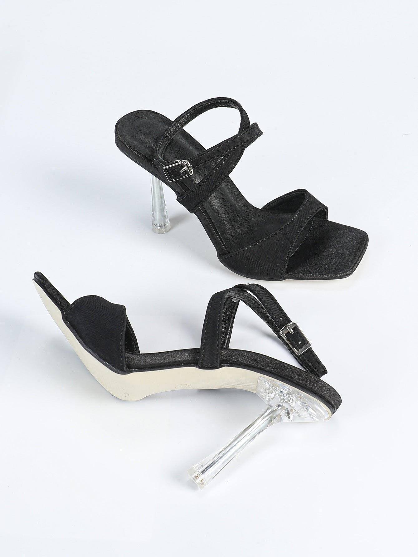 Stiletto Sandals | Square Toe, Lycra, 9cm Crystal Heel, Back Strap | noémi