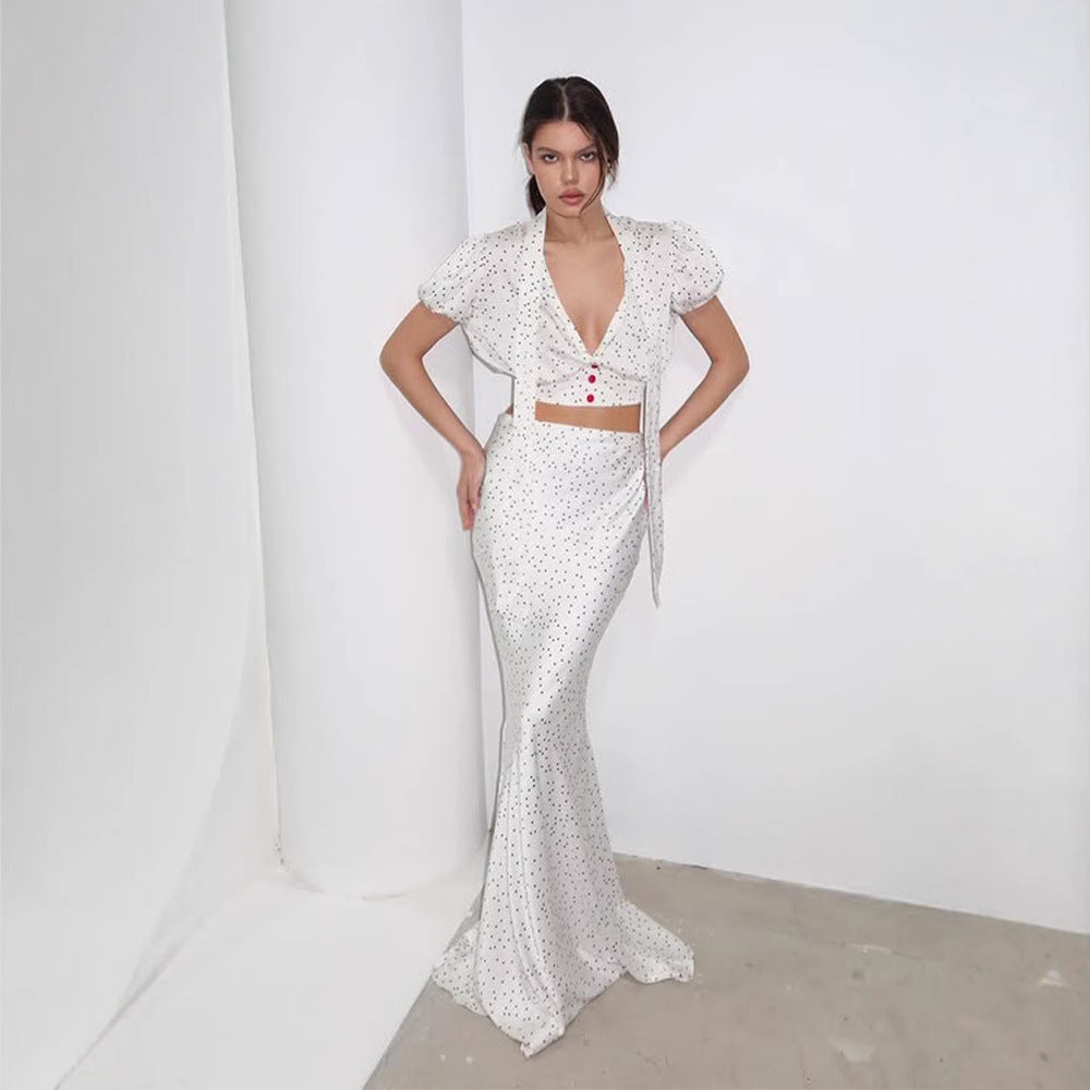 Polka Dot Satin Fishtail Skirt & V Neck Short Top Two Piece Set | noémi