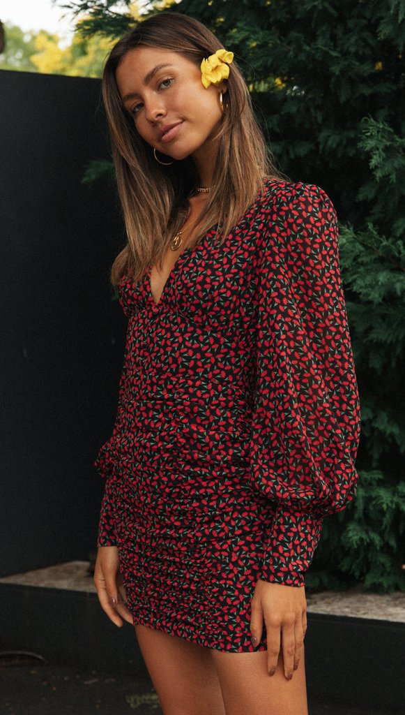 Floral V Neck Pleated Mini Dress | Lantern Sleeves, Boho Print | noémi