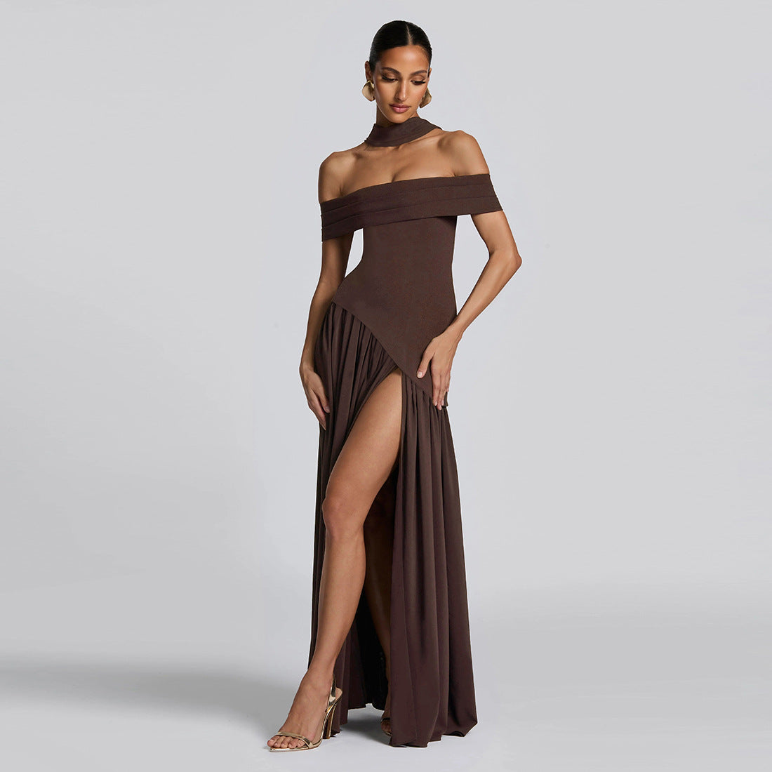 WomensSlim Fit Off Shoulder Dress with Scarf Collar and Backless Split | noémi