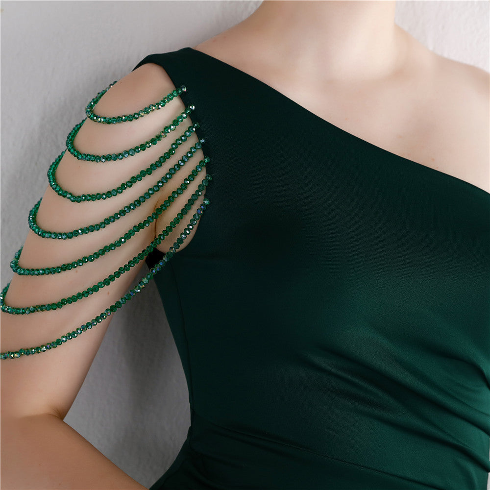 Satin Beaded One Shoulder Fishtail Gown | Slim Fit Slit Maxi Dress | noémi