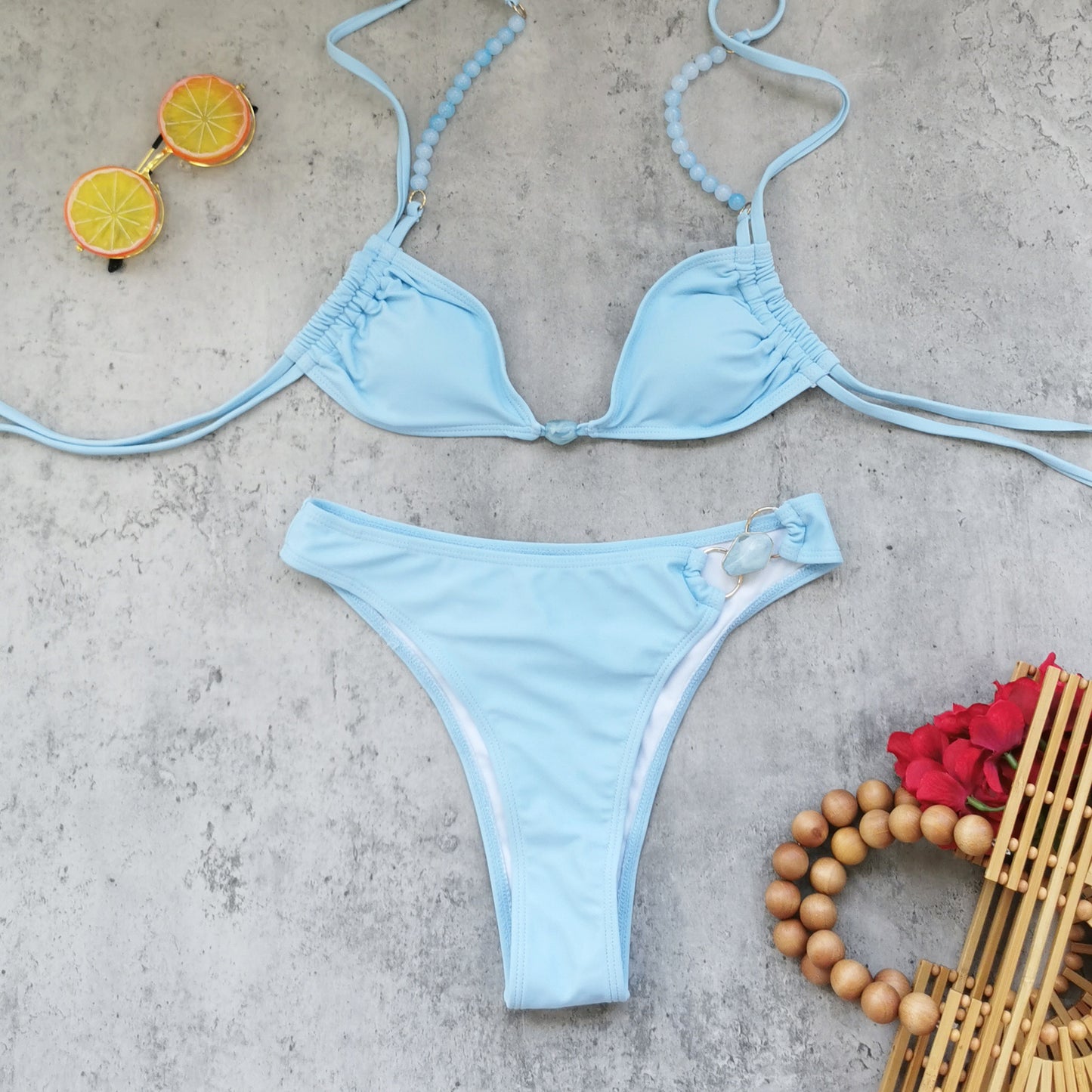 Three Strap Low Waist Backless Split Bikini in Solid Color for Women | noémi