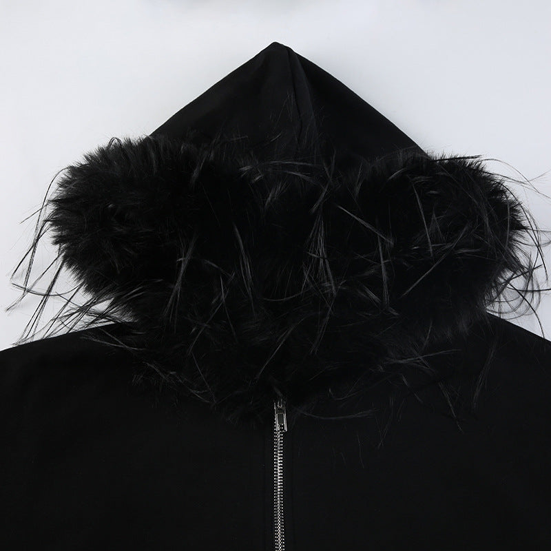 Fur Collar Hoodie Coat with Zipper Pockets | Loose Fit Stitching Cardigan for Women | noémi