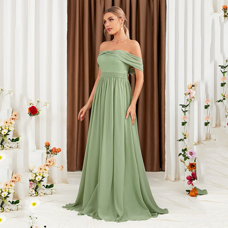 Off Shoulder Slim Fit Dress in Green Flowy Maxi Style | noémi
