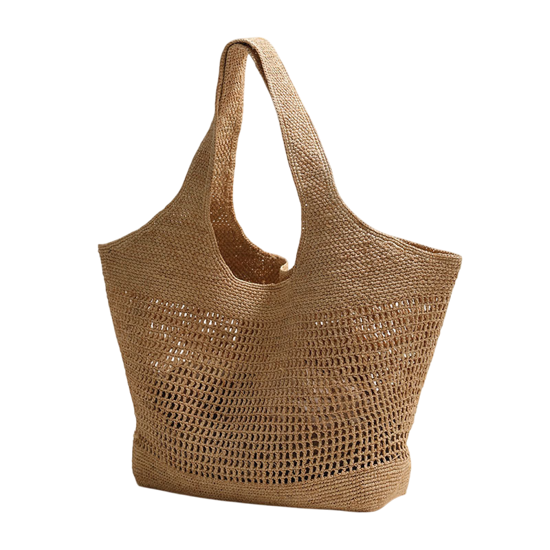 Raffia Straw Shoulder Tote Bag – Large Capacity, Hollow-Out Weave, Brown | noémi