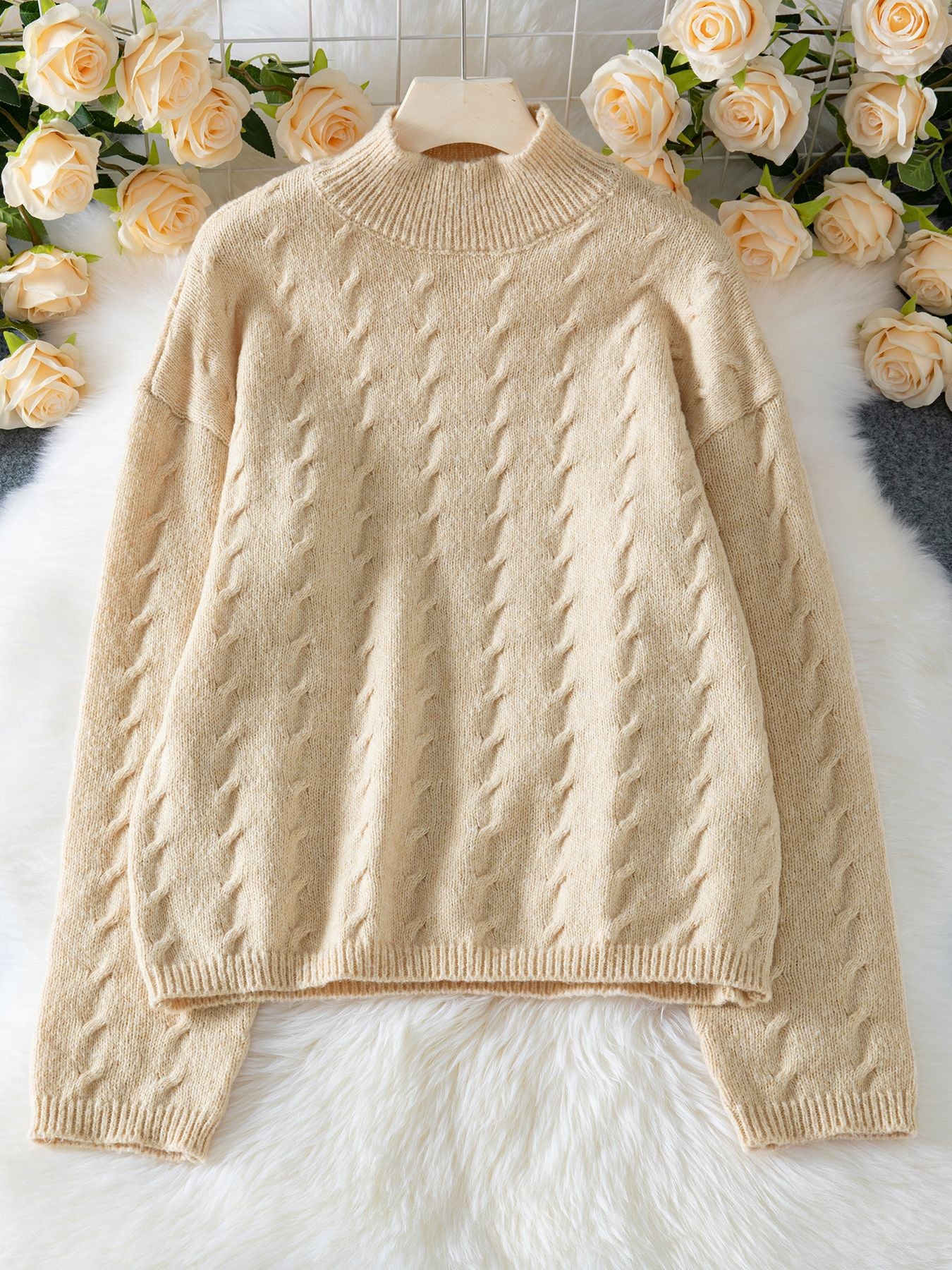 Turtleneck Sweater for Women | Casual Loose Knit Twisted Cable Long Sleeve Top | noémi