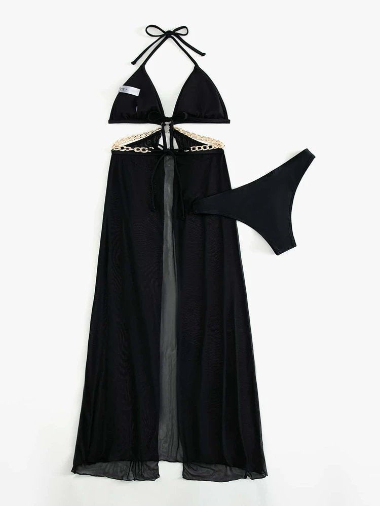 Three Piece Swimsuit Set | Sheer Split Skirt & Gold Chain Detail | noémi