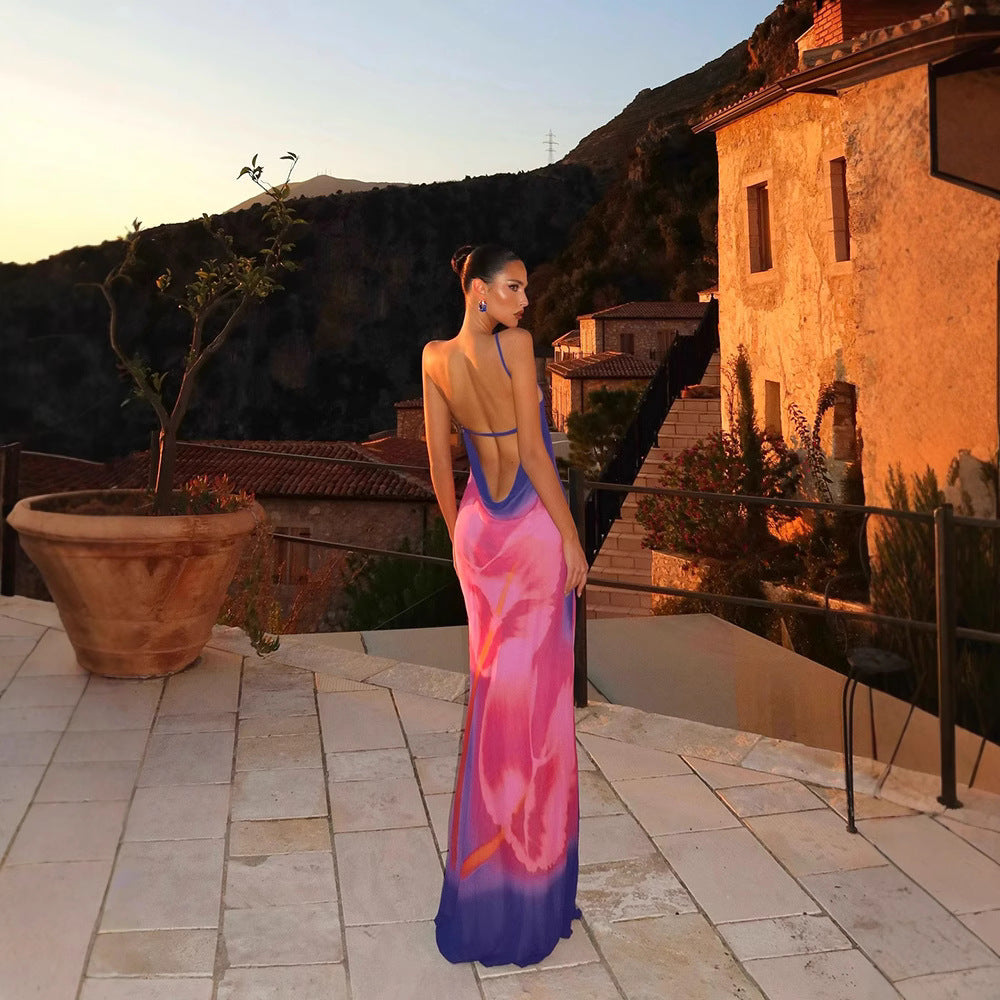 Printed Slim Fit Slit Dress |  Diagonal Collar, Bare Back, Spaghetti Straps | noémi