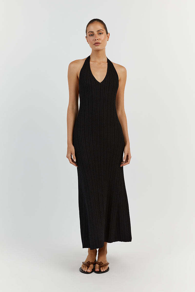 V Neck Knitted Long Dress with Backless Lace Up Detail | noémi
