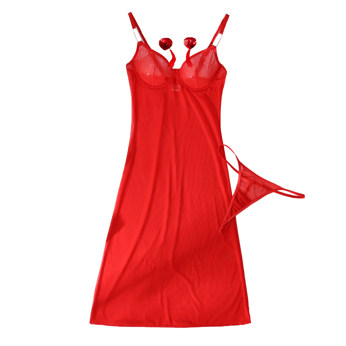 Womens Red Mesh Nightdress with Chest Patch Body Shaping and Steel Ring Details | noémi