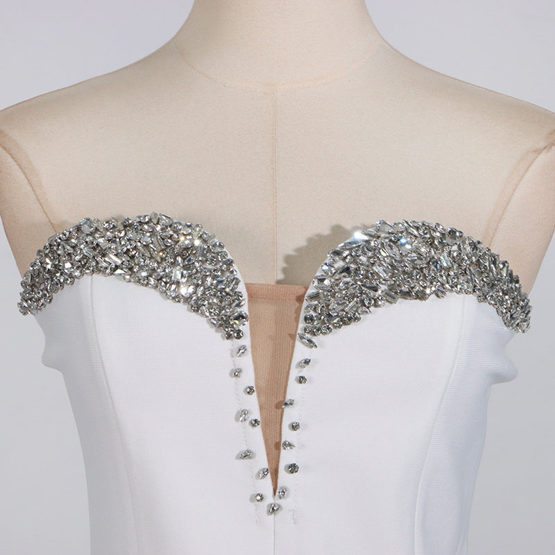 White Rhinestone Mini Dress | Sleeveless Tube Top Backless Dress | noémi