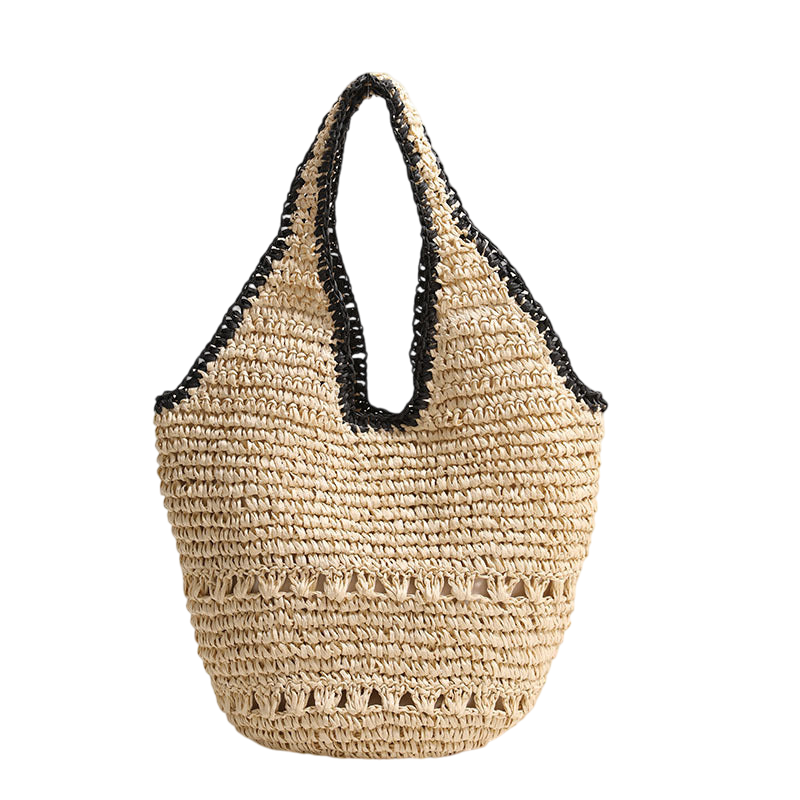 Large-Capacity Straw Shoulder Tote – Hollow-Out Woven, Natural/Black | noémi