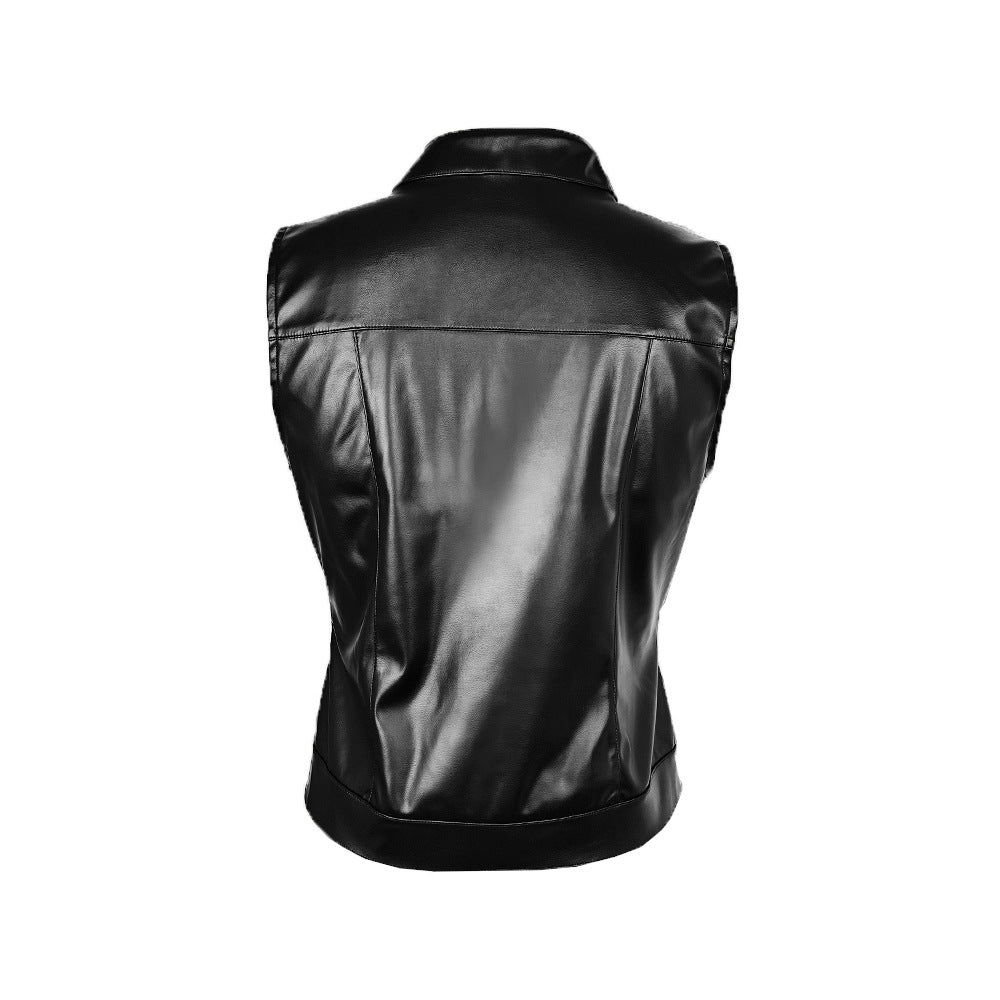 Sleek Stand Collar Faux Leather Vest | Sleeveless Slim Fit with Waist Defining Zipper Detail | noémi