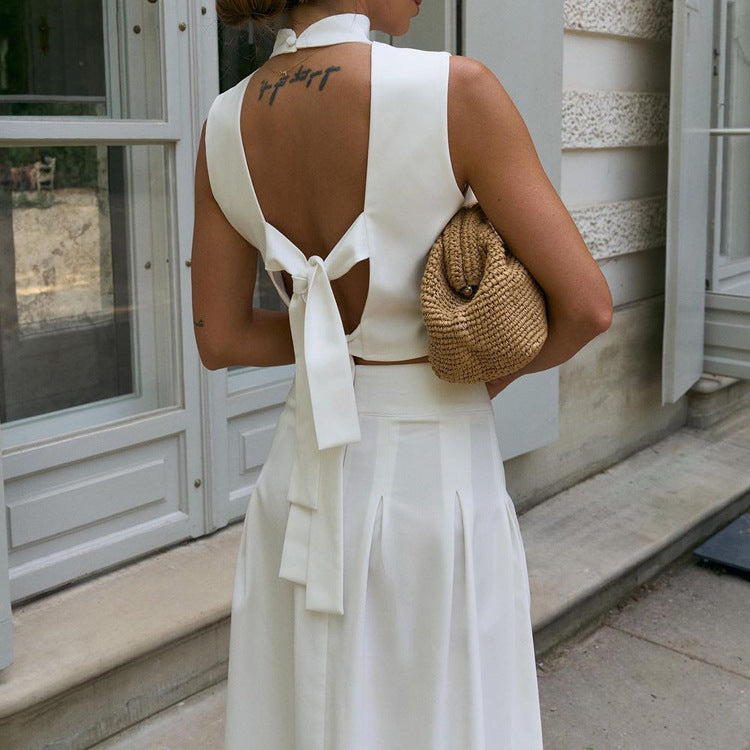 White Halter Crop Top & Pleated Maxi Skirt | Two Piece Set, Backless, Tie Back | noémi