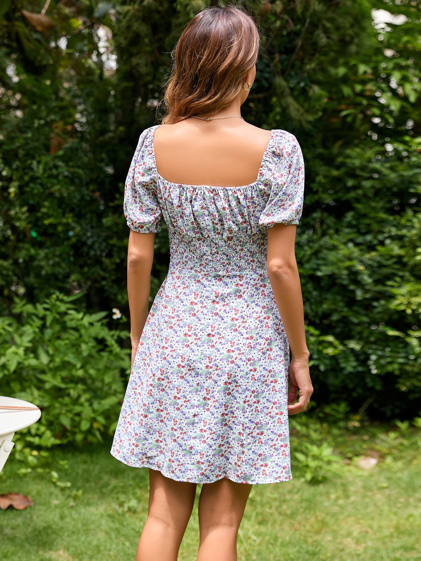 Floral Mini Dress | Square Neck, Puff Sleeves, Single Breasted | noémi