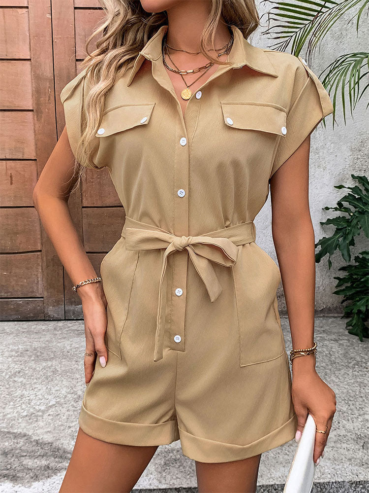 Summer Collared Short Sleeve Button Up Belted Jumpsuit | noémi