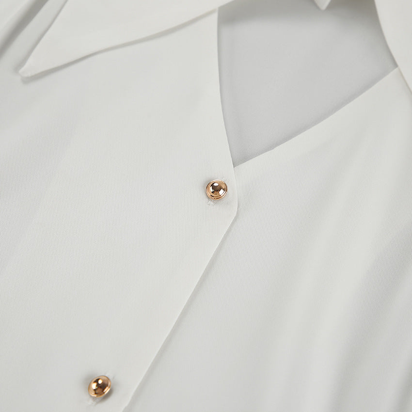 White Collared Slim Fit Long Sleeve Chiffon Shirt with Hollow Out Cutouts for Women | noémi
