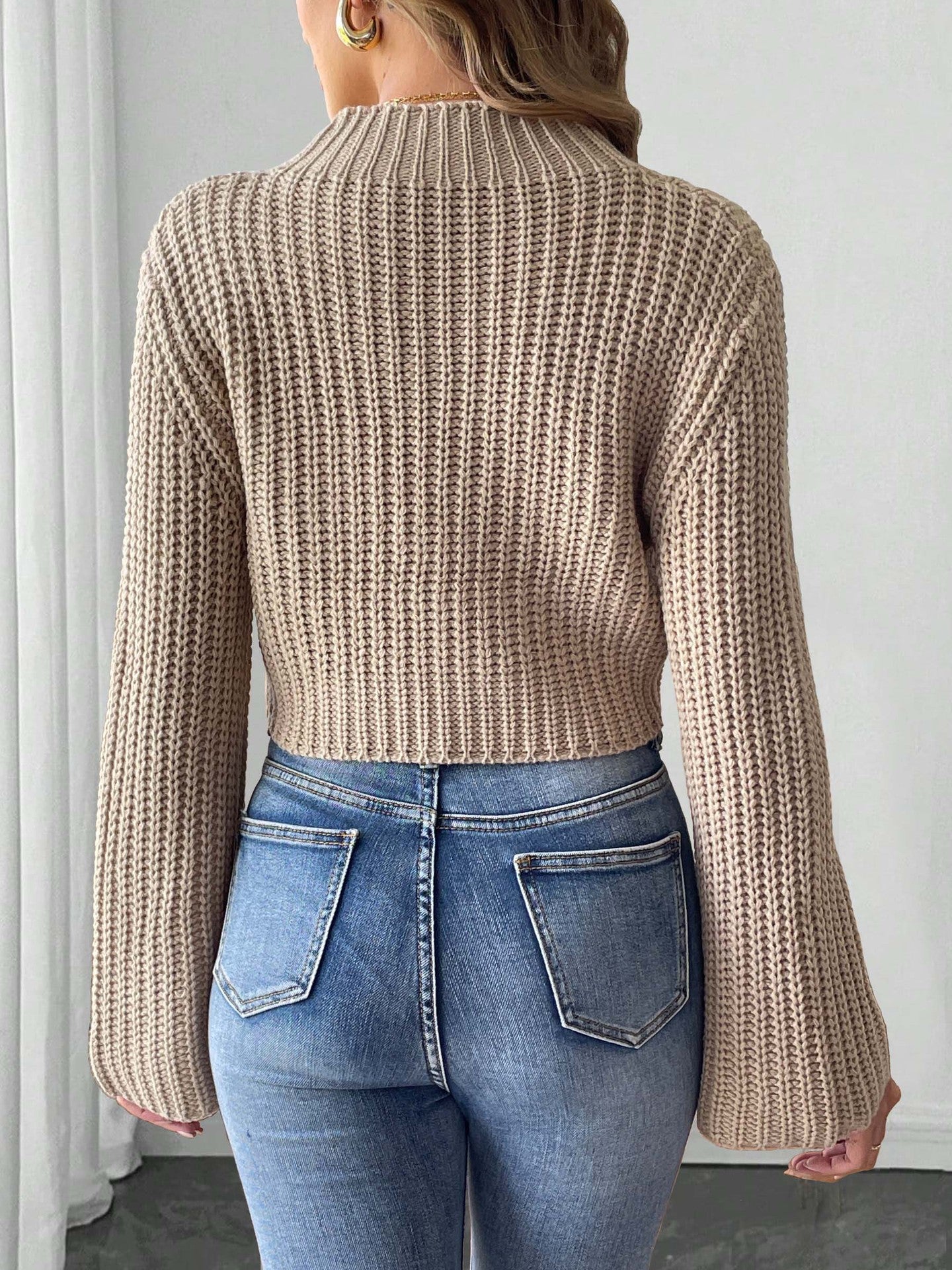 Womens Cropped Knit Sweater with Bow Detail | Flared Sleeves & Half Turtleneck Pullover | noémi