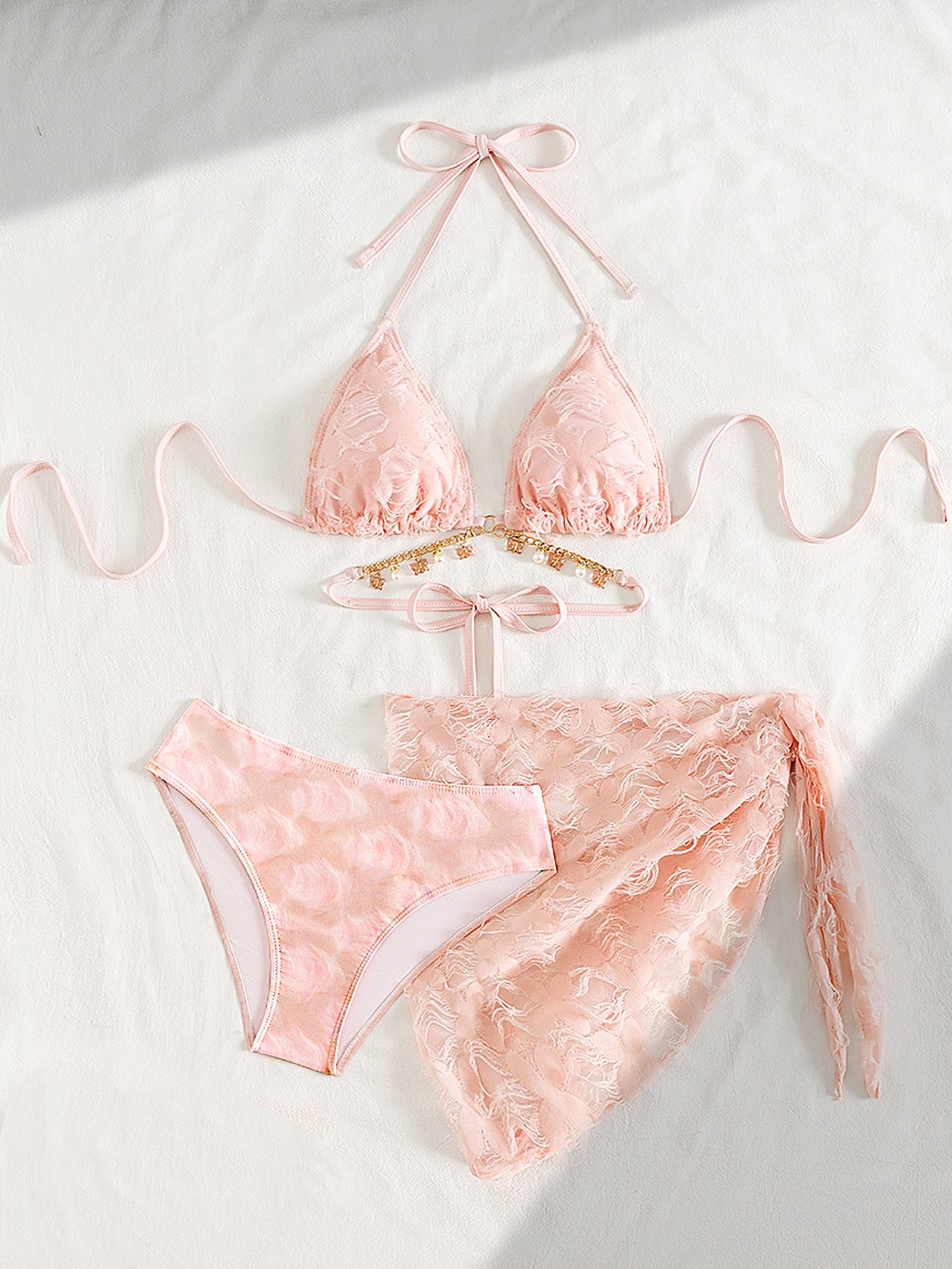 Pink High Sense Halter Swimsuit with Wrap Skirt Cover Up | Three Piece Lace Bikini Set | noémi