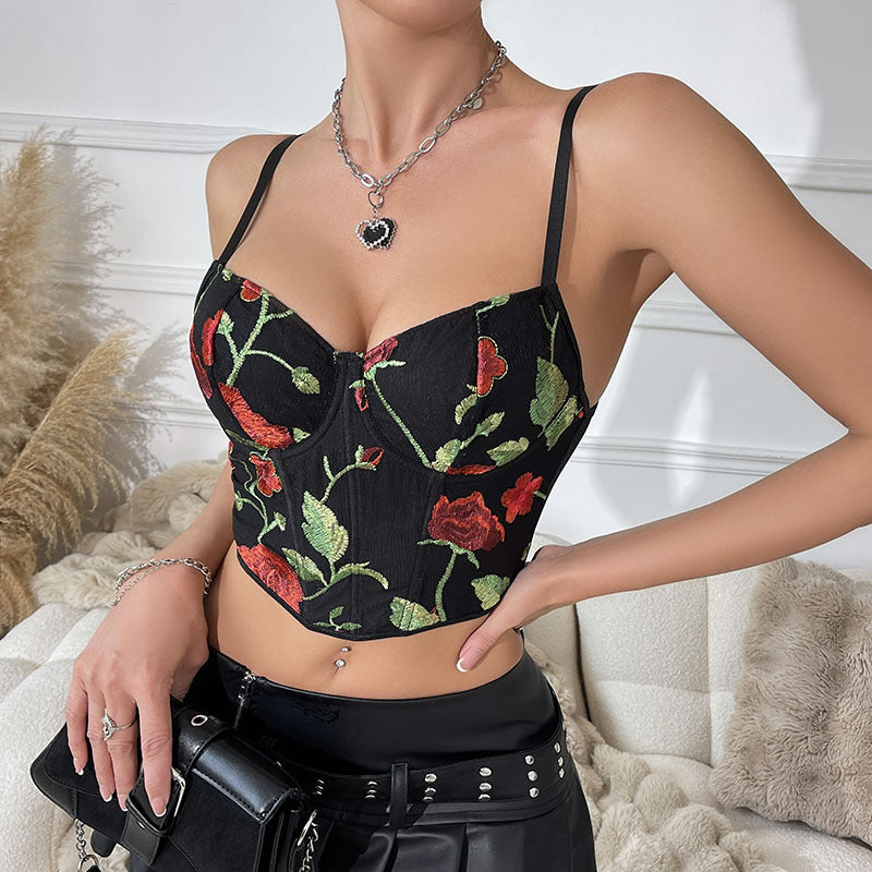 Floral Embroidered Boning Corset Vest with Printed Suspenders for Women | noémi