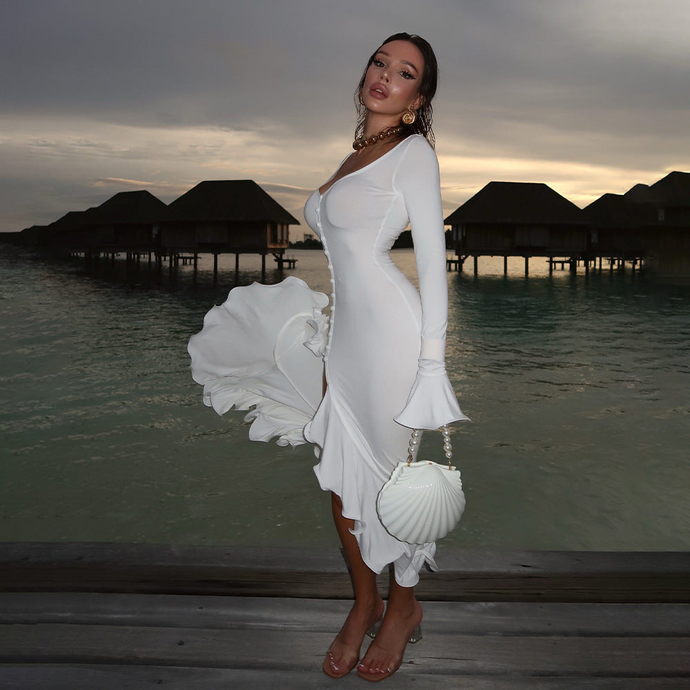 Bell Sleeve Bodycon Dress | Single Breasted Side Slit | noémi