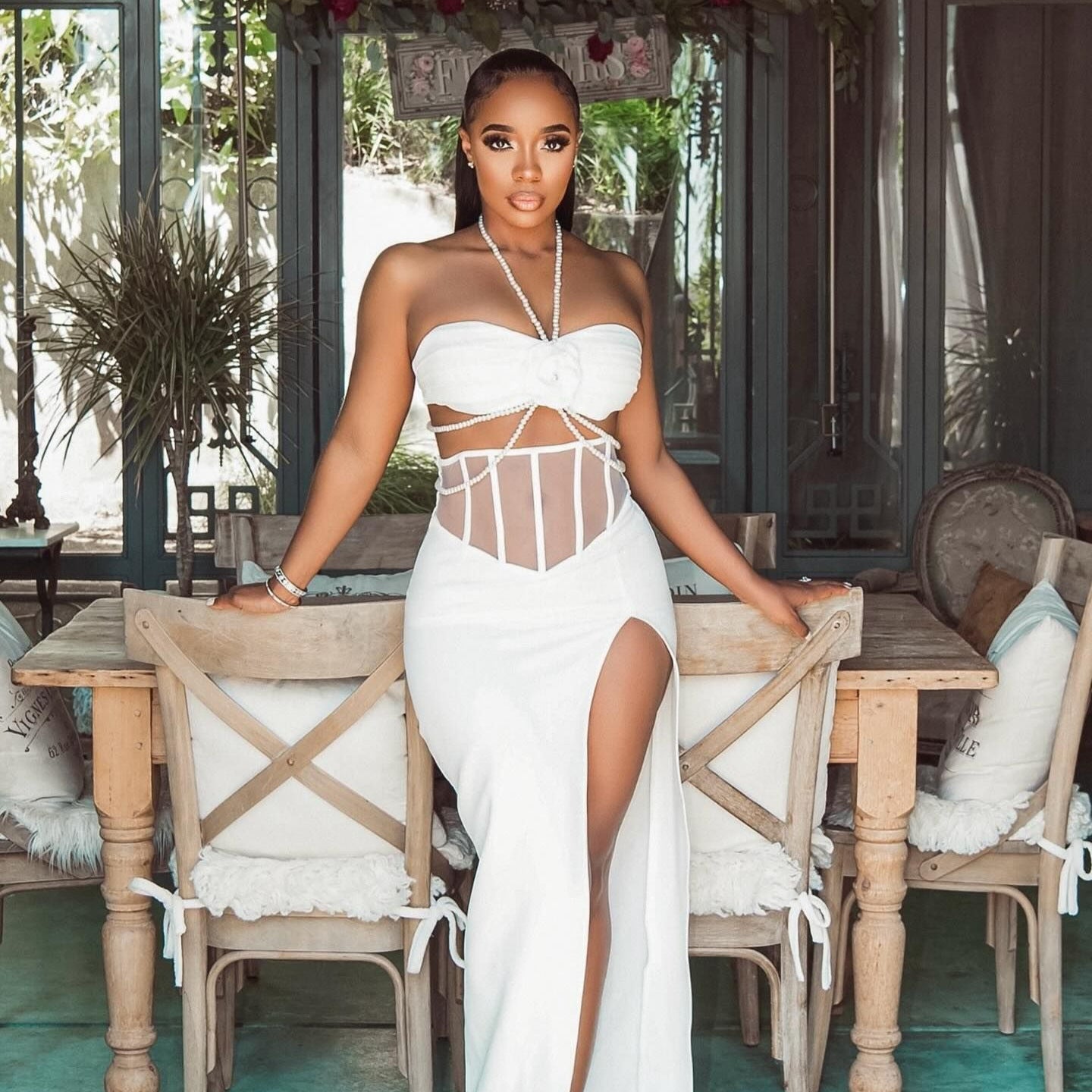 White Corset Gown | Pearl Strap Maxi Dress with High Slit | noémi