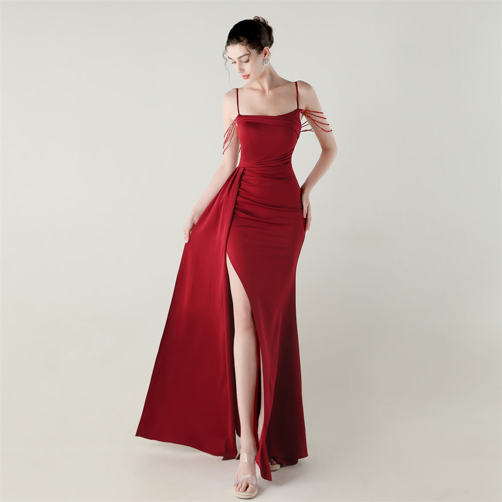Satin Beaded Fishtail Dress | Spaghetti Straps, Thigh Slit | noémi