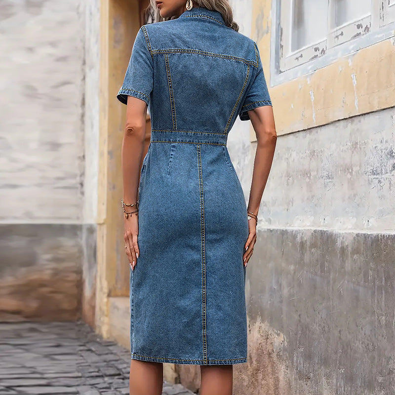 Womens Denim Midi Shirt Dress | Button Front, Short Sleeve, Slim Fit with Front Slit | noémi