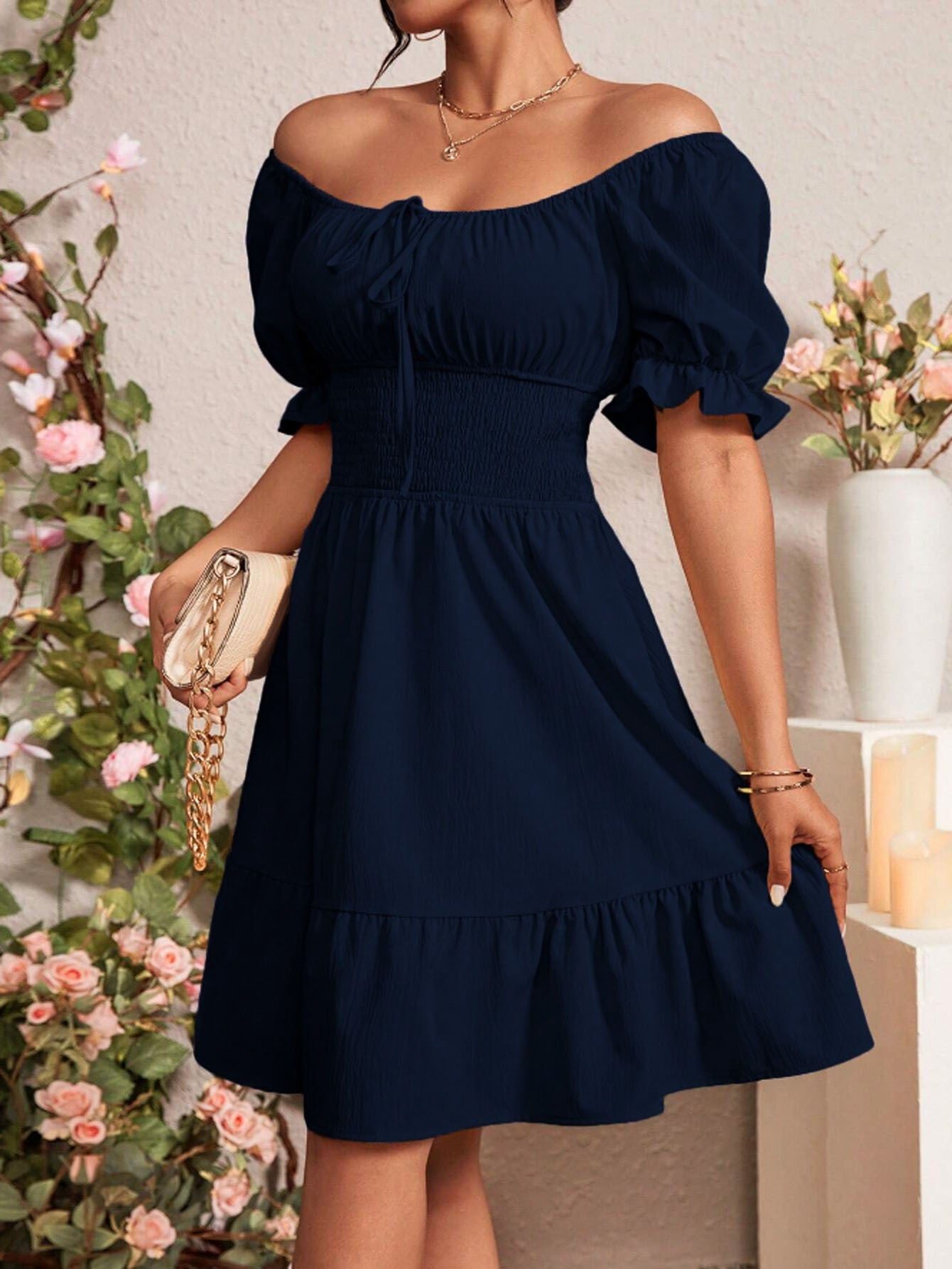 Navy Blue Square Collar Backless Mid Length Dress with Puff Sleeves | noémi