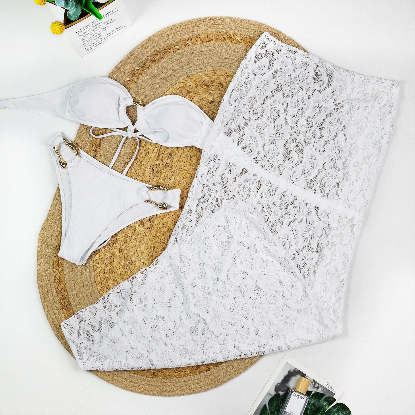 Tube Top Metal Buckle Bikini with Lace Maxi Dress Three Piece Set for Women | noémi