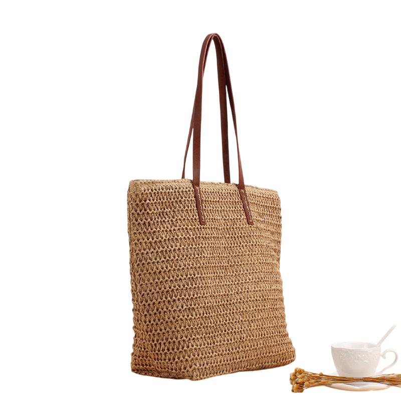 Brown Straw Woven Shoulder Bag – Pure Color Minimalist Tote for Daily Commute | noémi