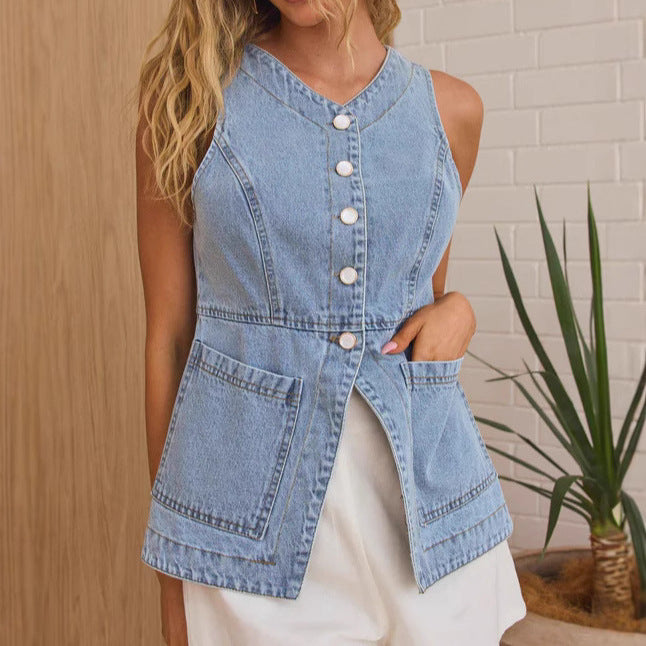 Womens Denim Vest | Sleeveless Button Front Slim Fit | noémi